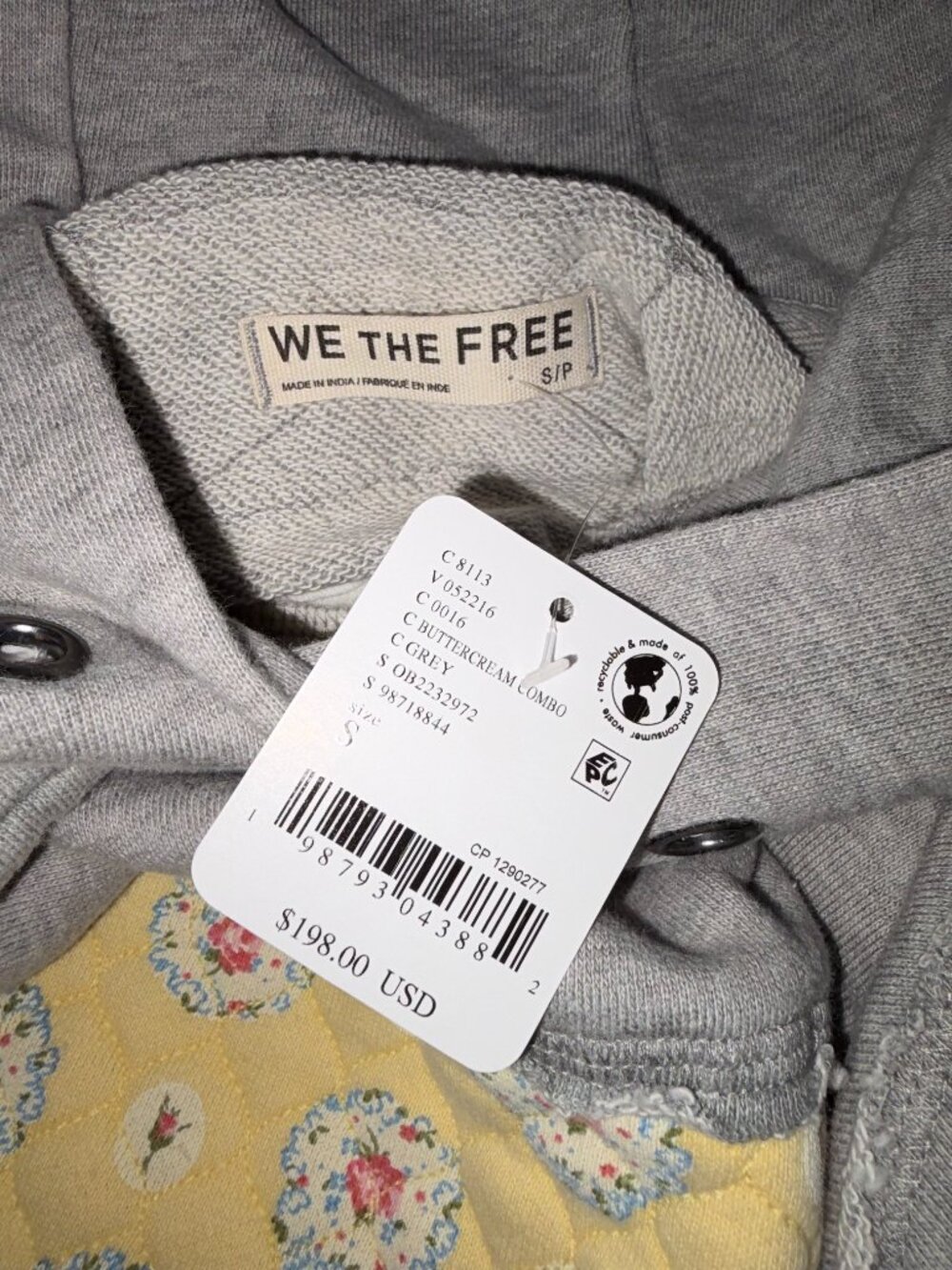 FREE PEOPLE WE THE FREE Small Get Ditsy Hoodie Oversized Mix Media Buttercream - Picture 7 of 11